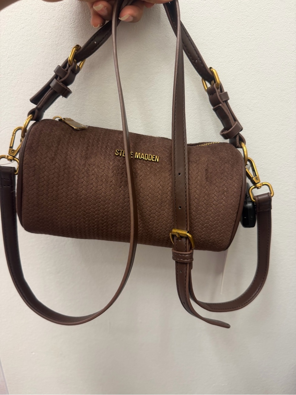Steve Madden Chocolate Brown Barrel Crossbody Bag